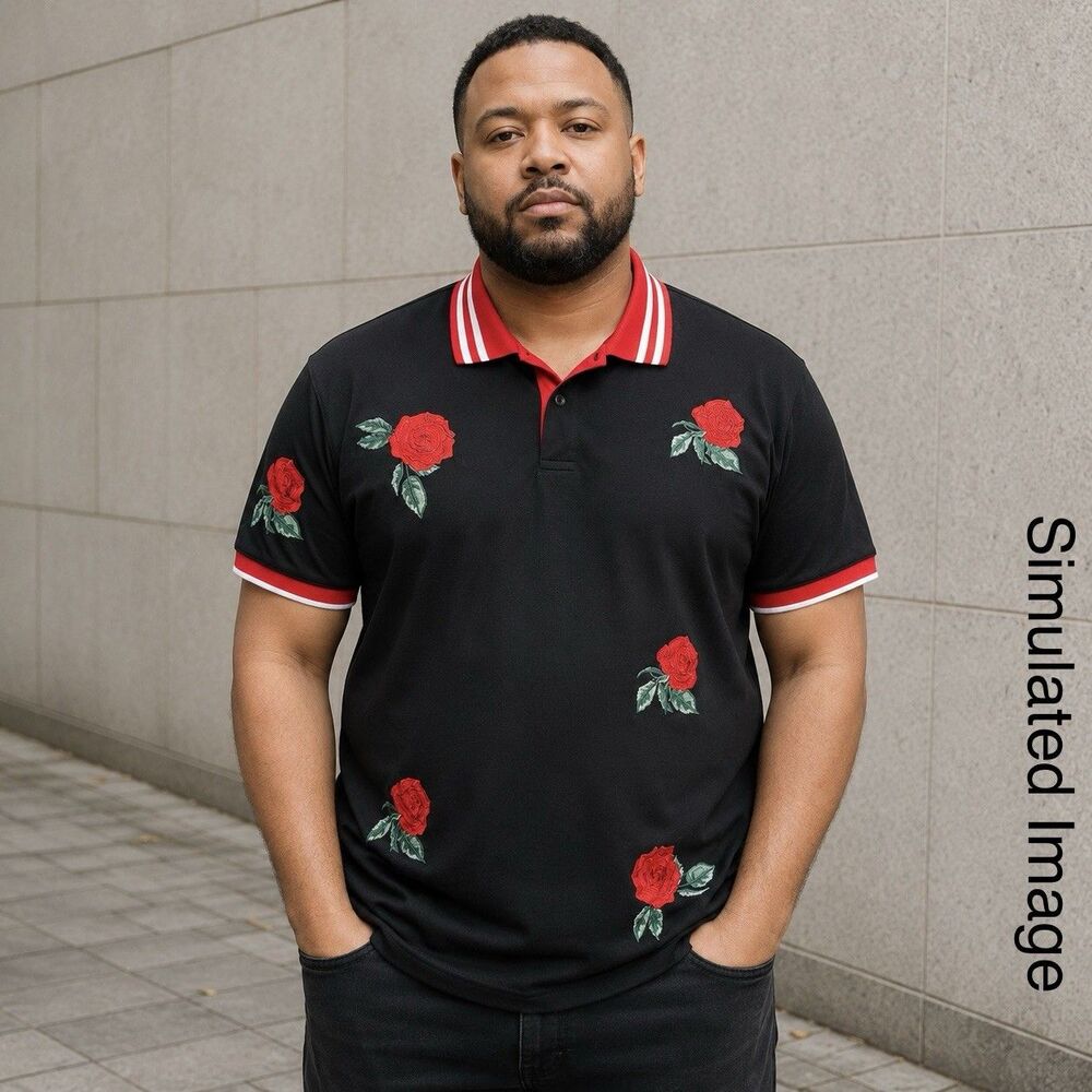 Screenshot Polo Shirt Mens XL Black Red Rose Embroidered Streetwear